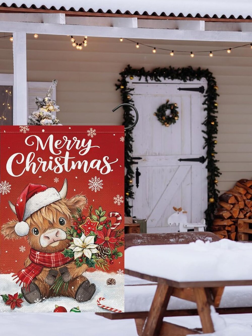 Merry Christmas Highland Cow Garden Flag 12x18 Inch Double Sided Burlap, Winter - Picture 3 of 7